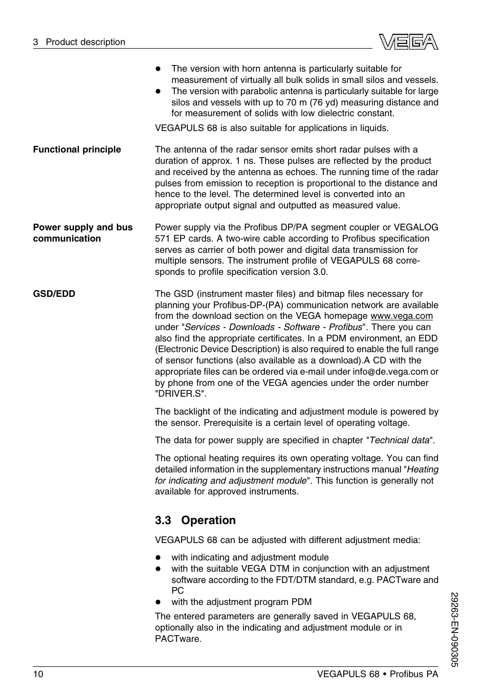 3 operation | VEGA VEGAPULS 68 (≥ 2.0.0 - ≤ 3.8) Proﬁbus PA User Manual | Page 10 / 80