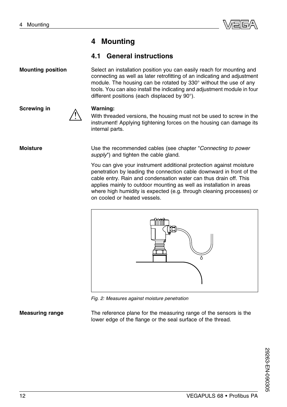 4 mounting, 1 general instructions | VEGA VEGAPULS 68 (≥ 2.0.0 - ≤ 3.8) Proﬁbus PA User Manual | Page 12 / 80