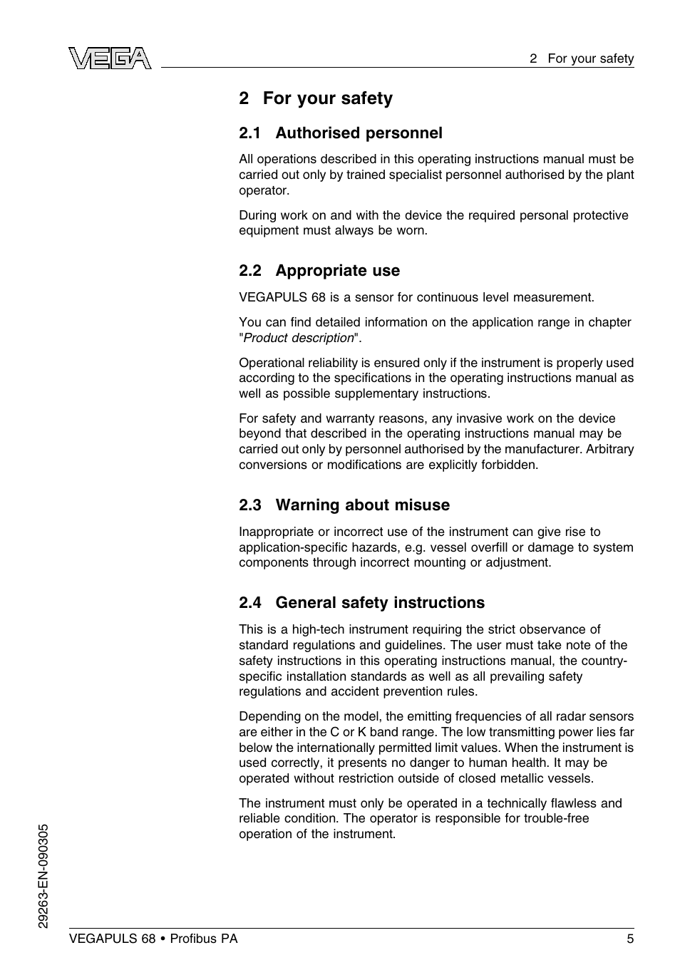 2 for your safety, 1 authorised personnel, 2 appropriate use | 3 warning about misuse, 4 general safety instructions | VEGA VEGAPULS 68 (≥ 2.0.0 - ≤ 3.8) Proﬁbus PA User Manual | Page 5 / 80