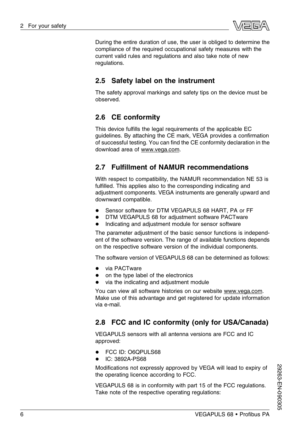 5 safety label on the instrument, 6 ce conformity, 7 fulfillment of namur recommendations | 8 fcc and ic conformity (only for usa/canada), 7 fulﬁllment of namur recommendations | VEGA VEGAPULS 68 (≥ 2.0.0 - ≤ 3.8) Proﬁbus PA User Manual | Page 6 / 80