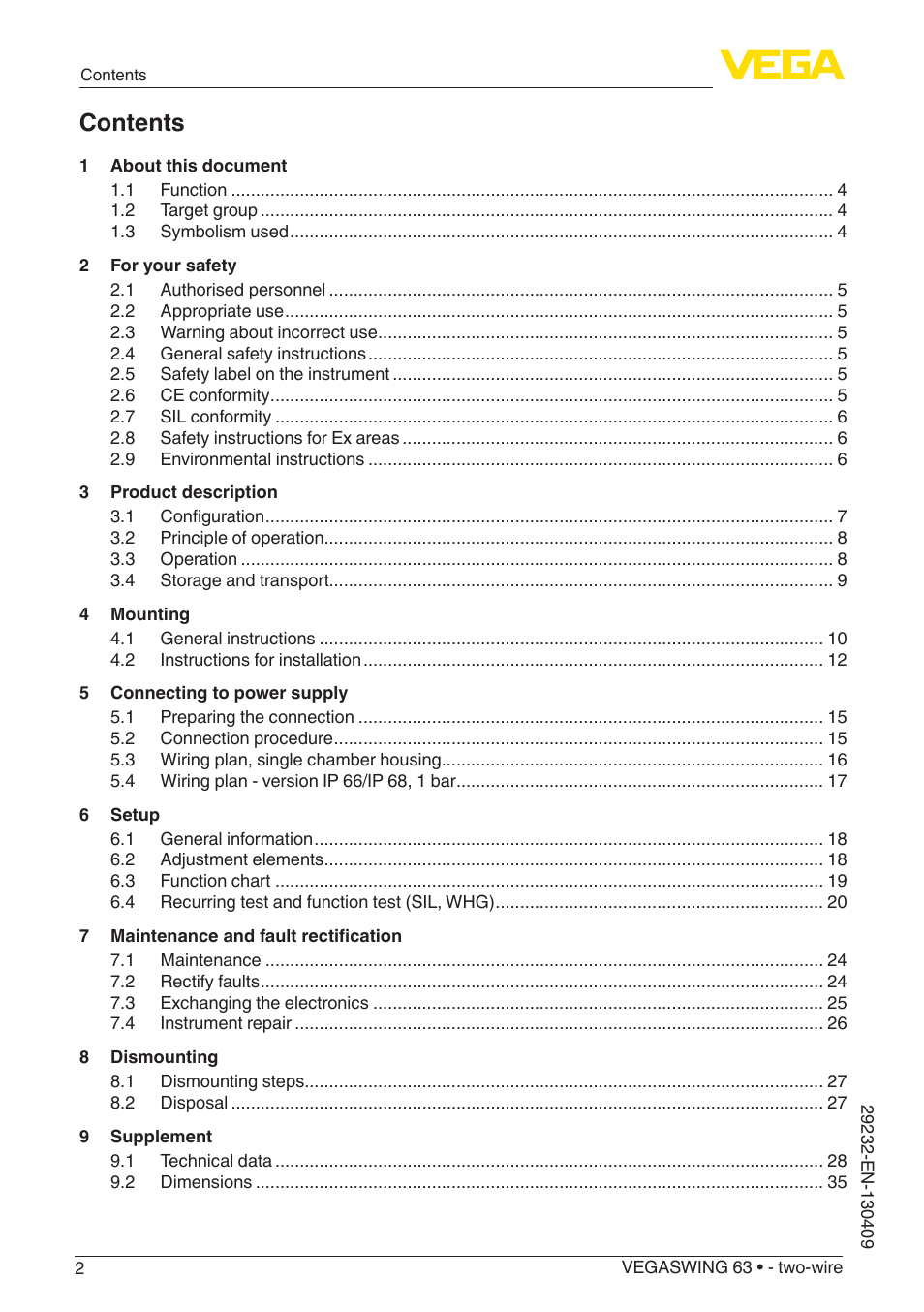 VEGA VEGASWING 63 - two-wire User Manual | Page 2 / 40