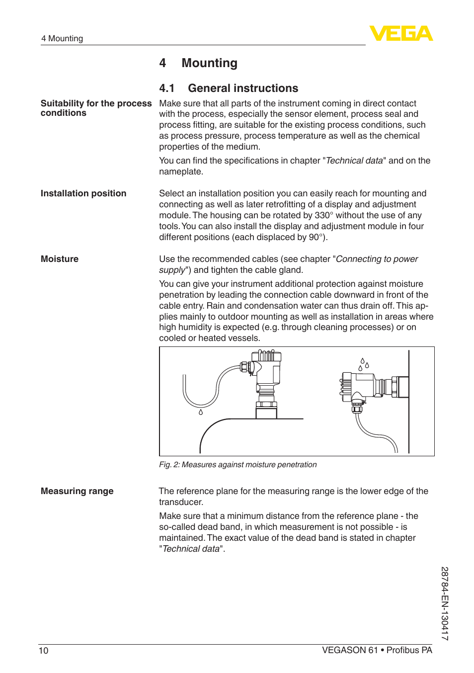 4 mounting, 1 general instructions | VEGA VEGASON 61 Profibus PA User Manual | Page 10 / 52
