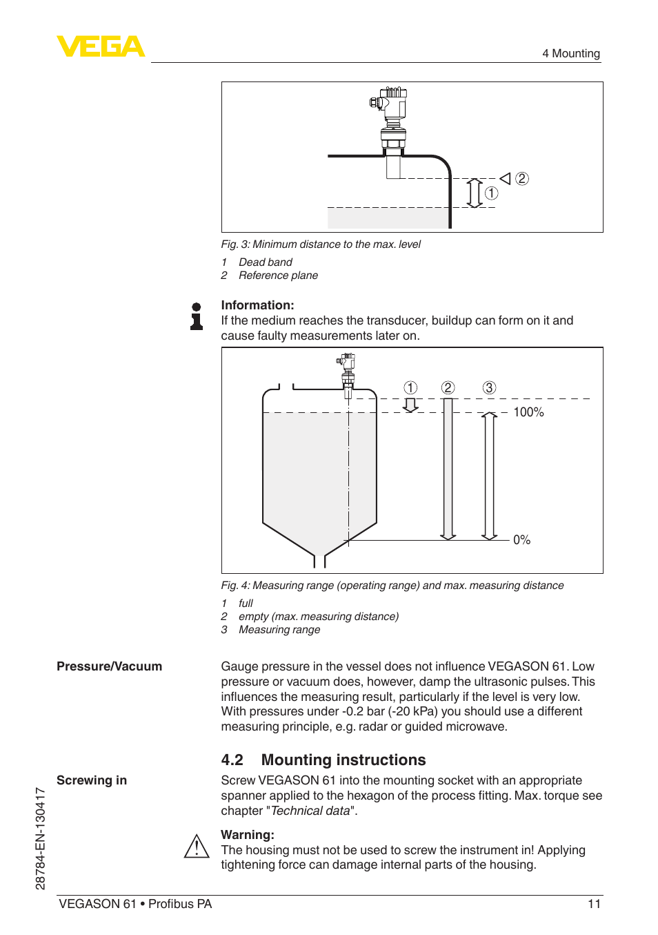 2 mounting instructions | VEGA VEGASON 61 Profibus PA User Manual | Page 11 / 52