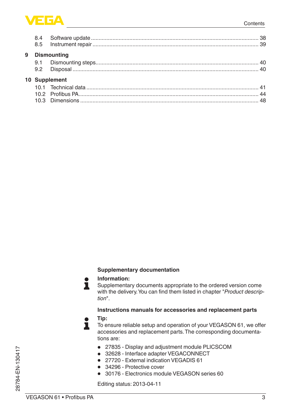 VEGA VEGASON 61 Profibus PA User Manual | Page 3 / 52