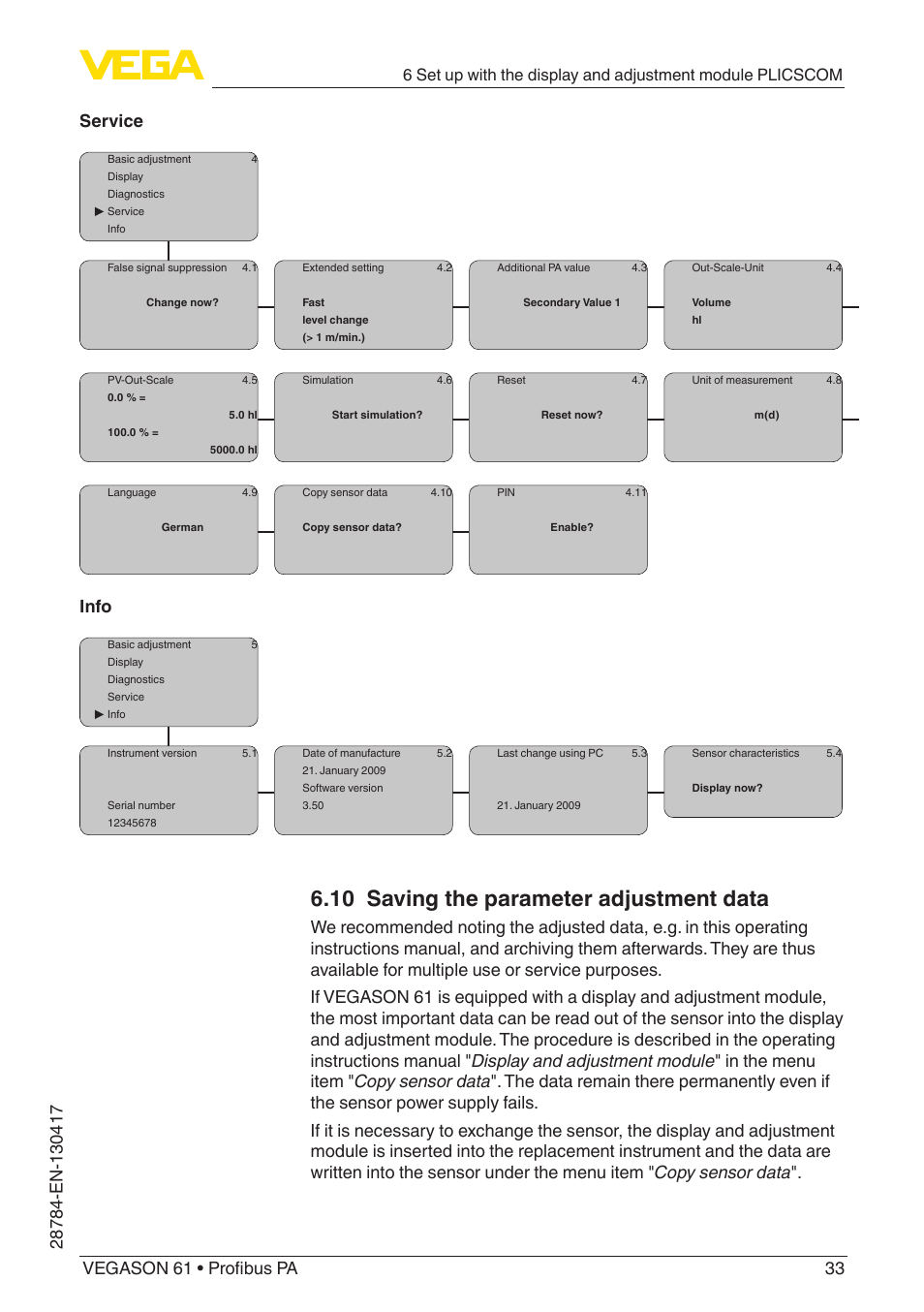 10 saving the parameter adjustment data, Info | VEGA VEGASON 61 Profibus PA User Manual | Page 33 / 52