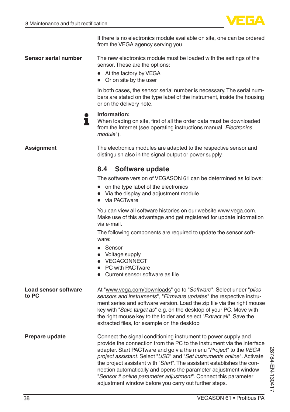 VEGA VEGASON 61 Profibus PA User Manual | Page 38 / 52