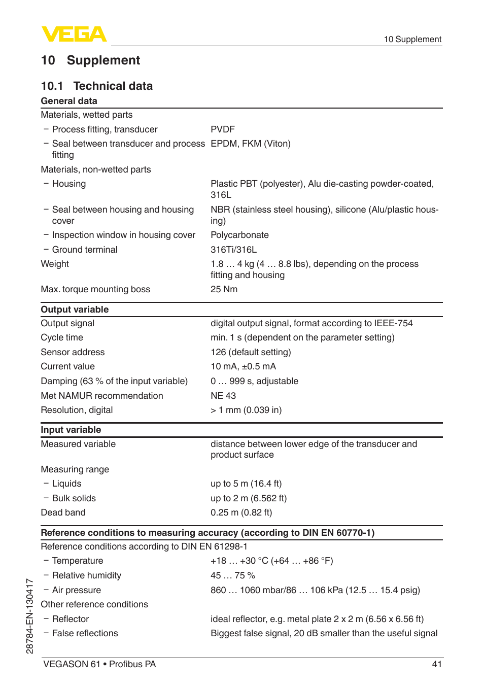 10 supplement, 1 technical data | VEGA VEGASON 61 Profibus PA User Manual | Page 41 / 52