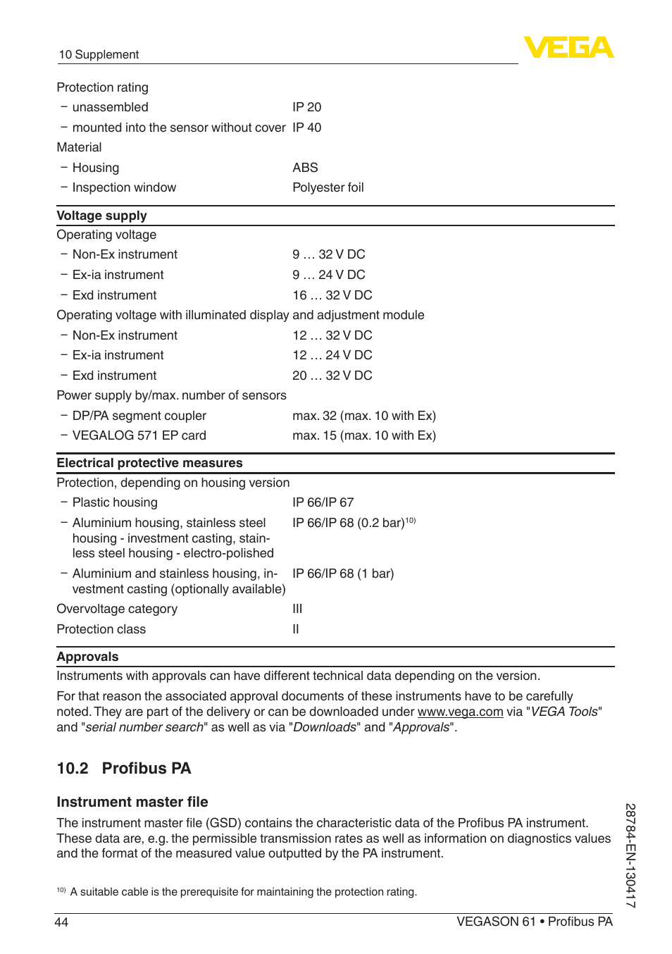 2 profibus pa | VEGA VEGASON 61 Profibus PA User Manual | Page 44 / 52