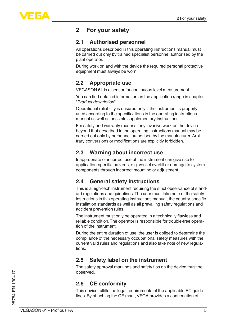 2 for your safety | VEGA VEGASON 61 Profibus PA User Manual | Page 5 / 52