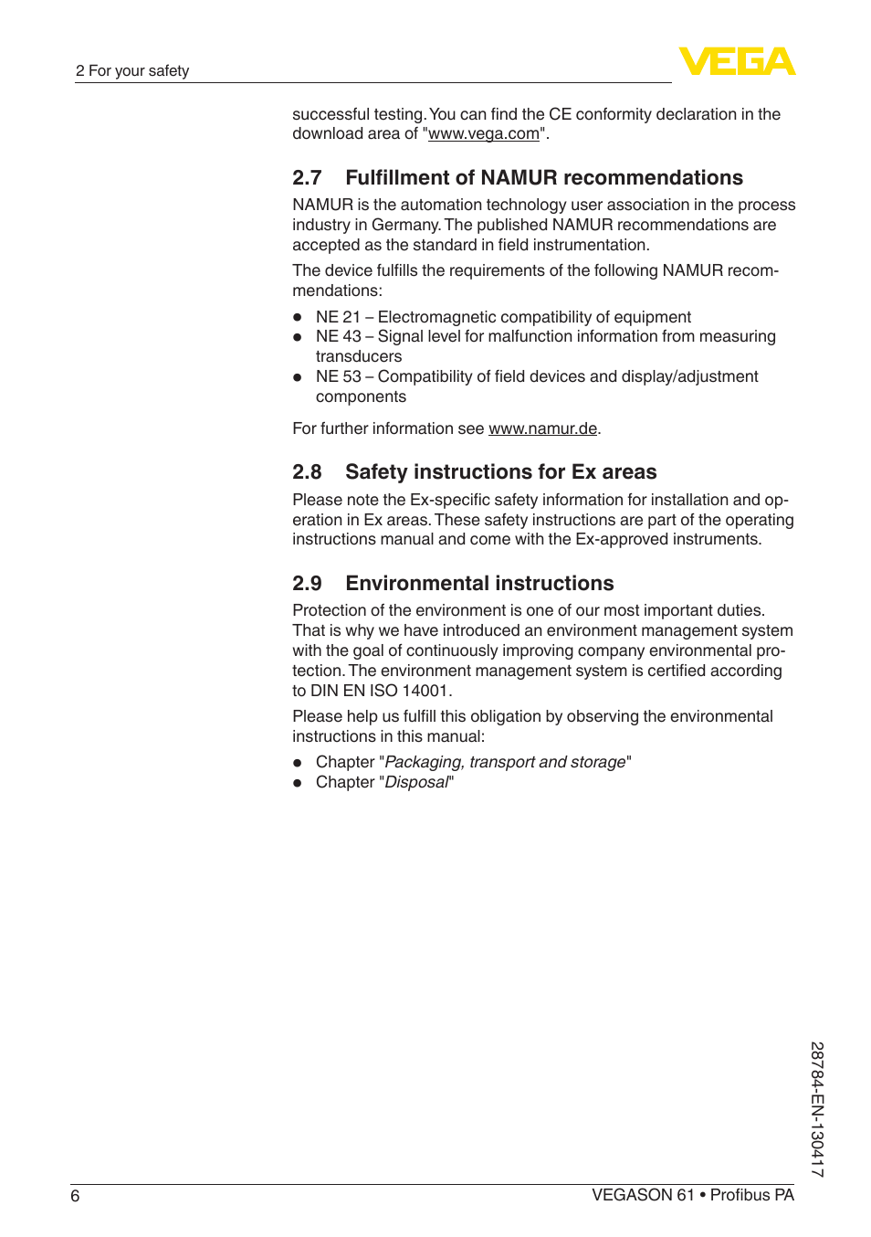VEGA VEGASON 61 Profibus PA User Manual | Page 6 / 52
