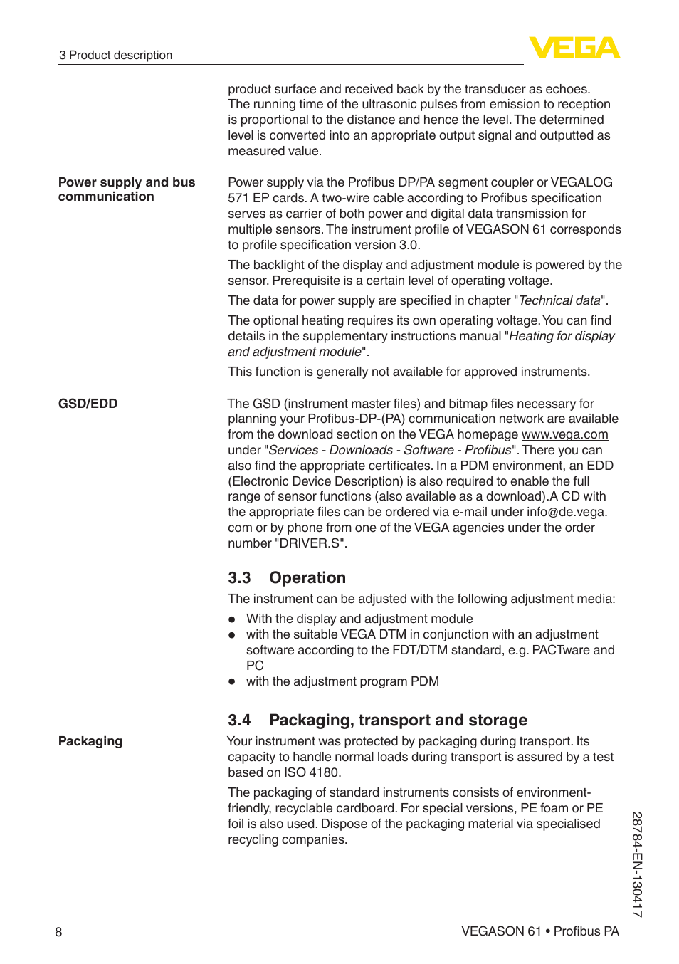 VEGA VEGASON 61 Profibus PA User Manual | Page 8 / 52