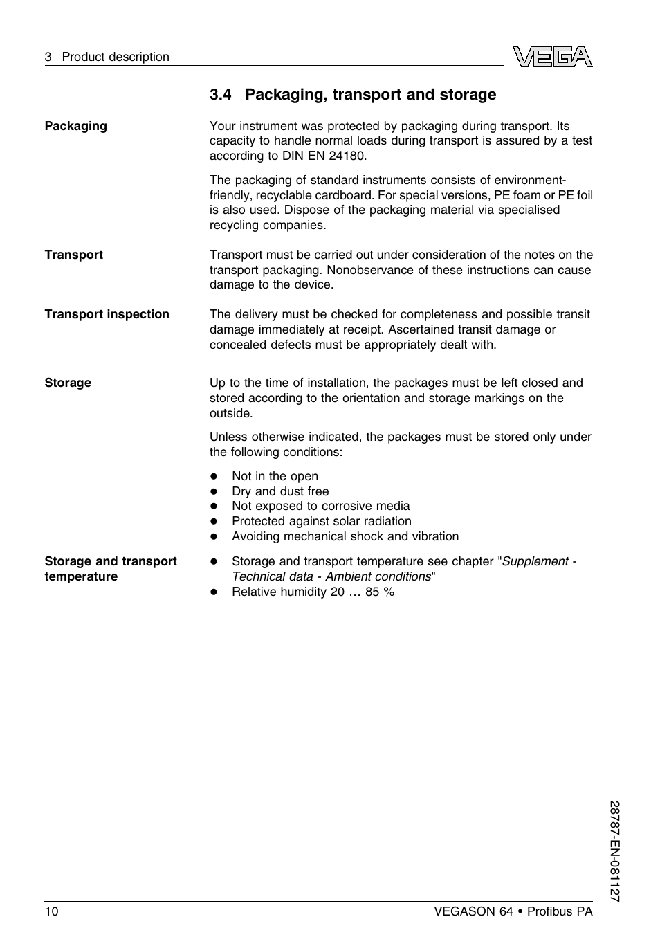 4 packaging, transport and storage | VEGA VEGASON 64 Proﬁbus PA User Manual | Page 10 / 64