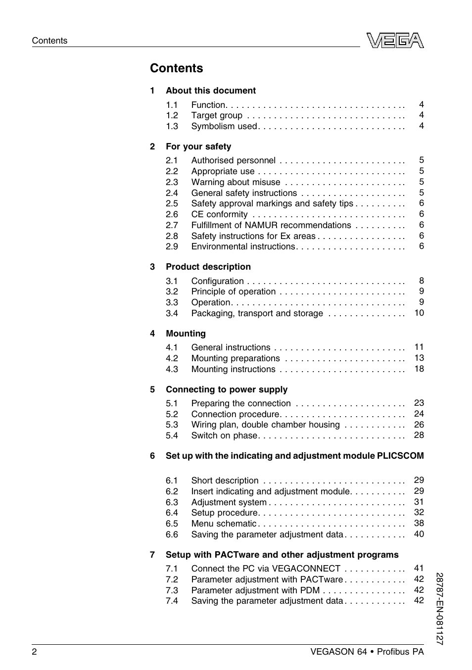 VEGA VEGASON 64 Proﬁbus PA User Manual | Page 2 / 64