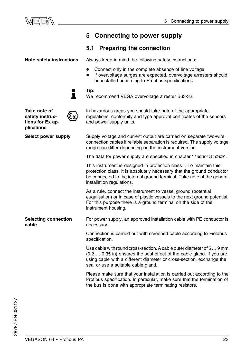 5 connecting to power supply, 1 preparing the connection | VEGA VEGASON 64 Proﬁbus PA User Manual | Page 23 / 64