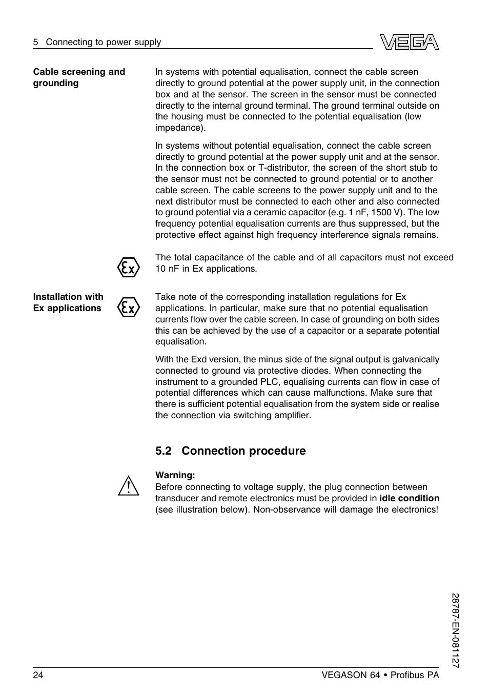 2 connection procedure | VEGA VEGASON 64 Proﬁbus PA User Manual | Page 24 / 64