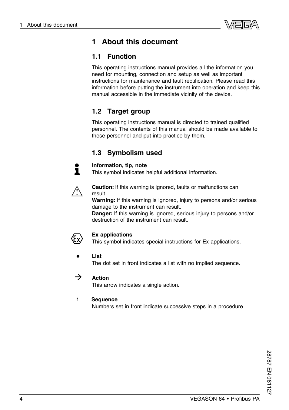 1 about this document, 1 function, 2 target group | 3 symbolism used | VEGA VEGASON 64 Proﬁbus PA User Manual | Page 4 / 64