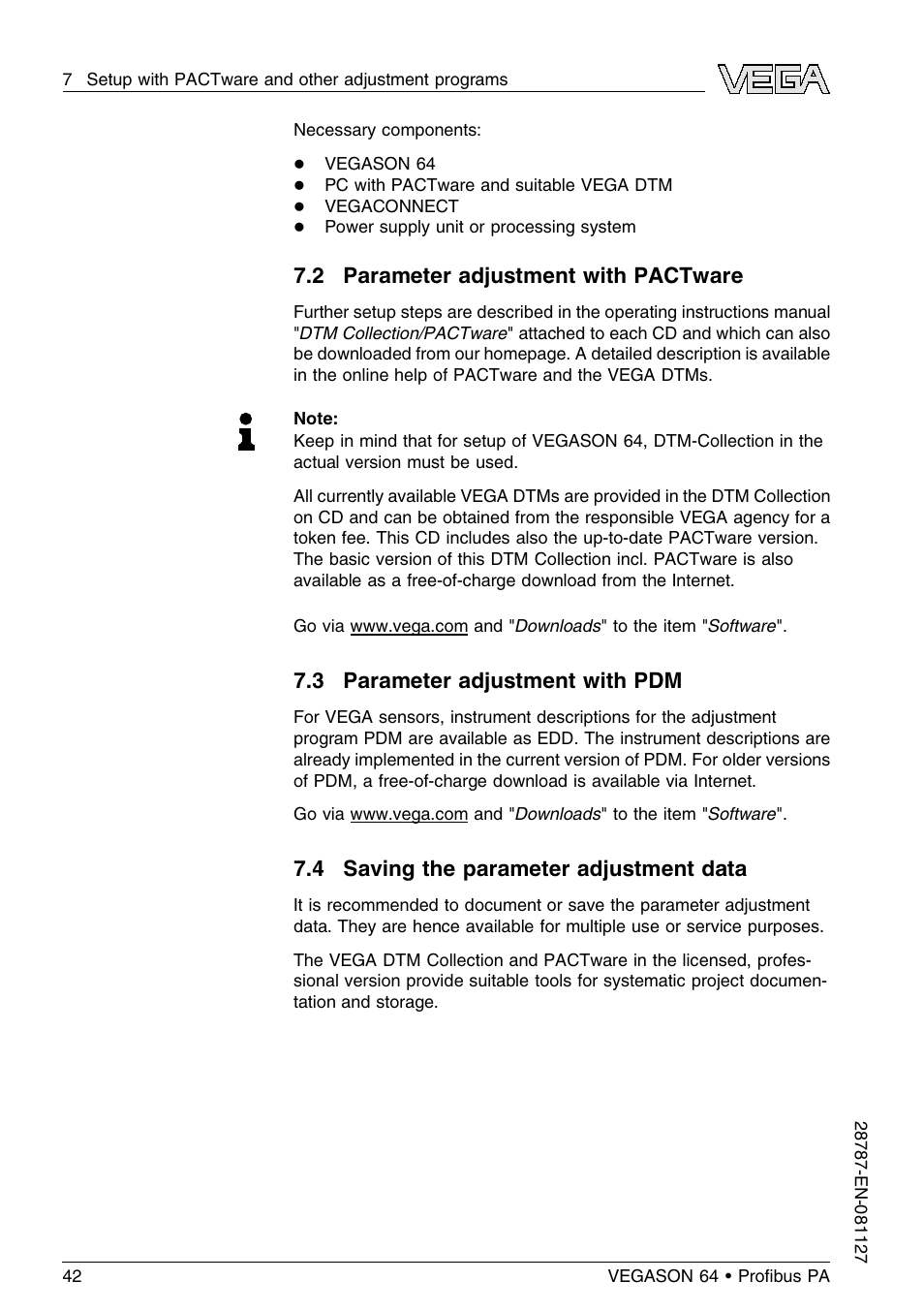 2 parameter adjustment with pactware, 3 parameter adjustment with pdm, 4 saving the parameter adjustment data | VEGA VEGASON 64 Proﬁbus PA User Manual | Page 42 / 64