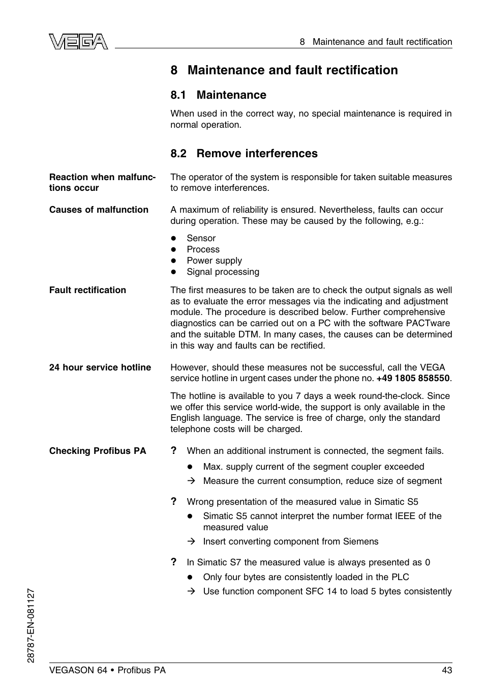 8 maintenance and fault rectification, 1 maintenance, 2 remove interferences | 8 maintenance and fault rectiﬁcation | VEGA VEGASON 64 Proﬁbus PA User Manual | Page 43 / 64