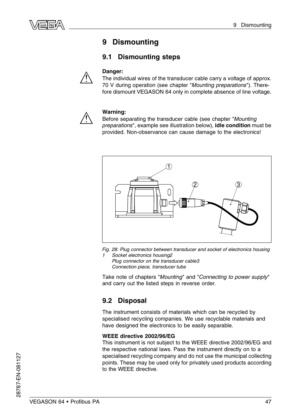 9 dismounting, 1 dismounting steps, 2 disposal | VEGA VEGASON 64 Proﬁbus PA User Manual | Page 47 / 64