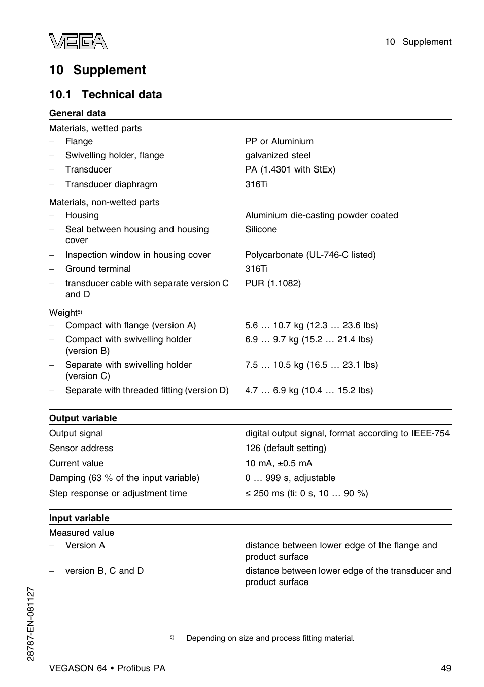 10 supplement, 1 technical data | VEGA VEGASON 64 Proﬁbus PA User Manual | Page 49 / 64