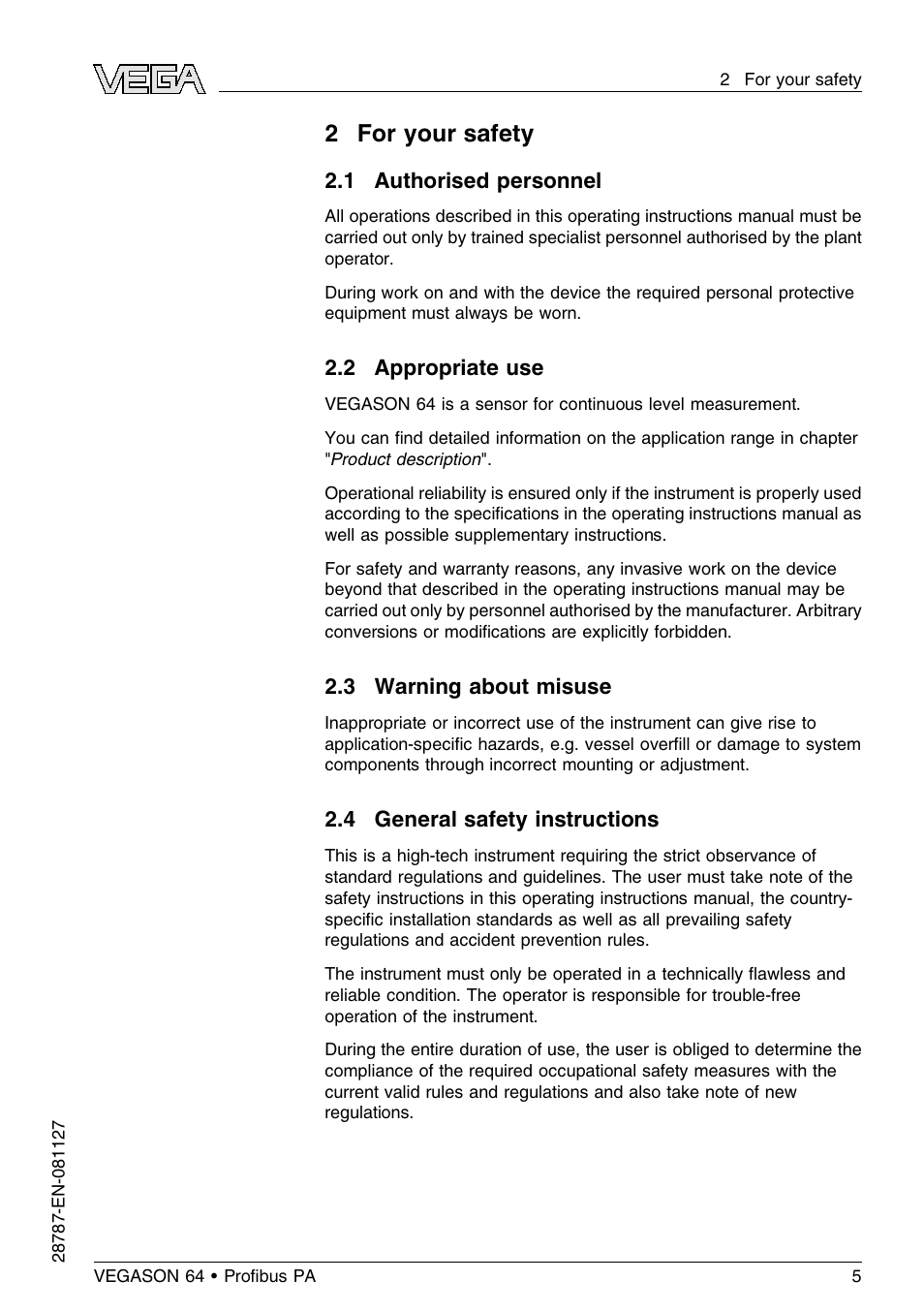 2 for your safety, 1 authorised personnel, 2 appropriate use | 3 warning about misuse, 4 general safety instructions | VEGA VEGASON 64 Proﬁbus PA User Manual | Page 5 / 64