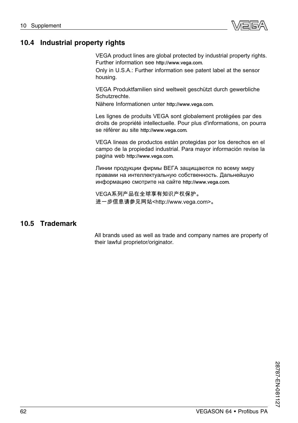 4 industrial property rights, 5 trademark | VEGA VEGASON 64 Proﬁbus PA User Manual | Page 62 / 64