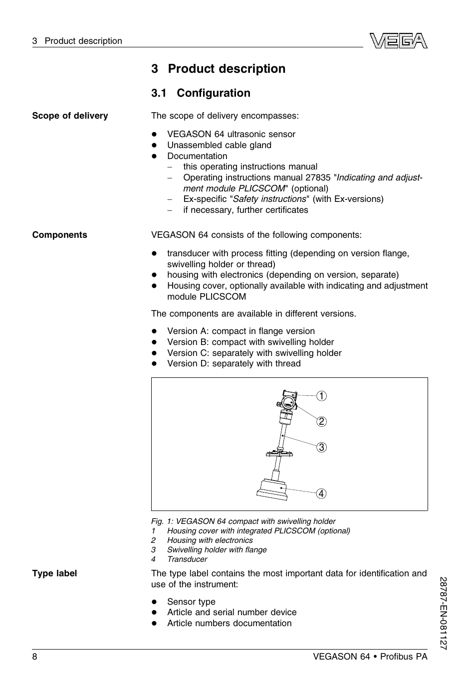 3 product description, 1 configuration, 1 conﬁguration | VEGA VEGASON 64 Proﬁbus PA User Manual | Page 8 / 64