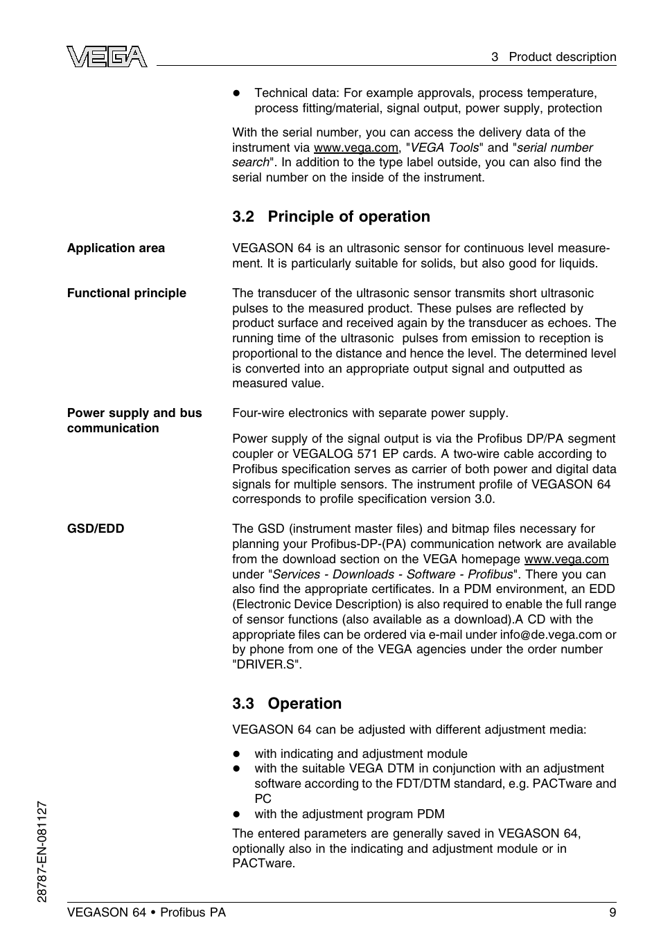 2 principle of operation, 3 operation | VEGA VEGASON 64 Proﬁbus PA User Manual | Page 9 / 64