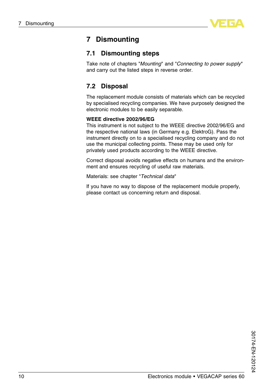 7 dismounting, 1 dismounting steps, 2 disposal | 7dismounting | VEGA VEGACAP series 60 User Manual | Page 10 / 12