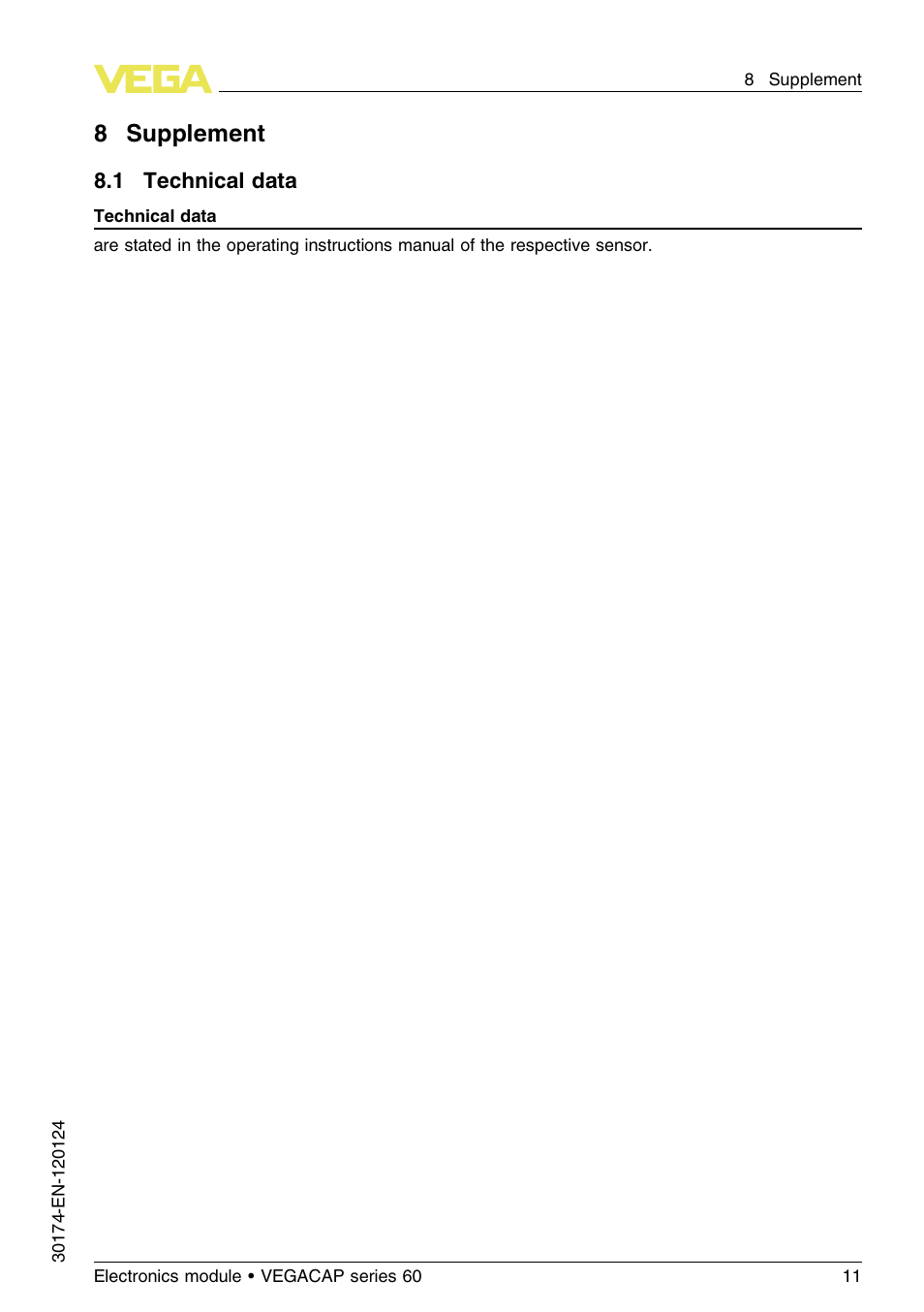 8 supplement, 1 technical data, 8supplement | VEGA VEGACAP series 60 User Manual | Page 11 / 12