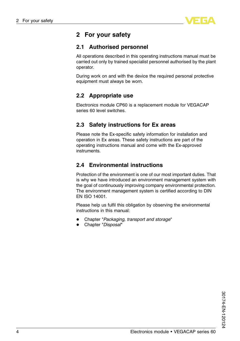 2 for your safety, 1 authorised personnel, 2 appropriate use | 3 safety instructions for ex areas, 4 environmental instructions, 2for your safety | VEGA VEGACAP series 60 User Manual | Page 4 / 12