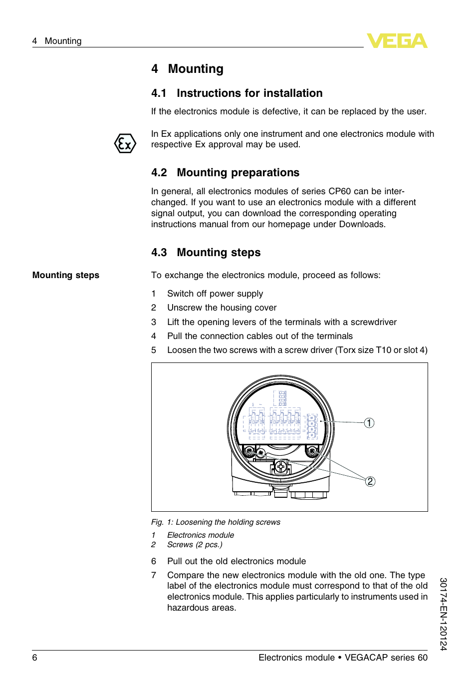 4 mounting, 1 instructions for installation, 2 mounting preparations | 3 mounting steps, 4mounting | VEGA VEGACAP series 60 User Manual | Page 6 / 12