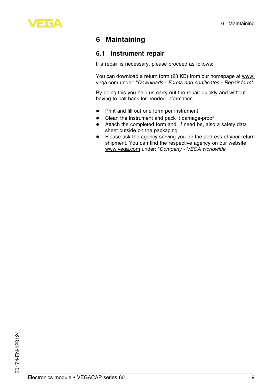 6 maintaining, 1 instrument repair, 6maintaining | VEGA VEGACAP series 60 User Manual | Page 9 / 12