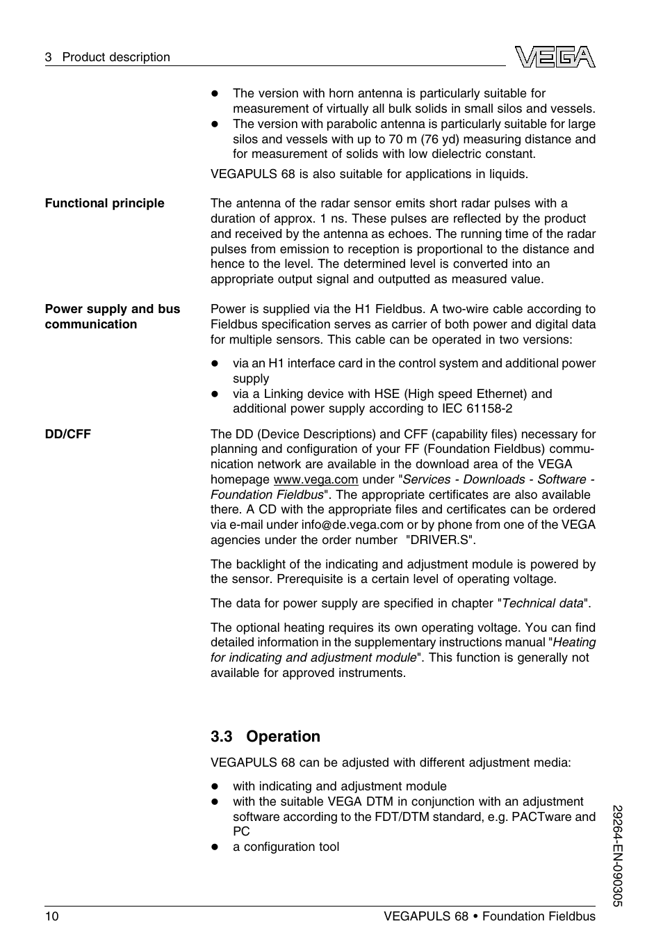 3 operation | VEGA VEGAPULS 68 (≥ 2.0.0 - ≤ 3.8) Foundation Fieldbus User Manual | Page 10 / 84