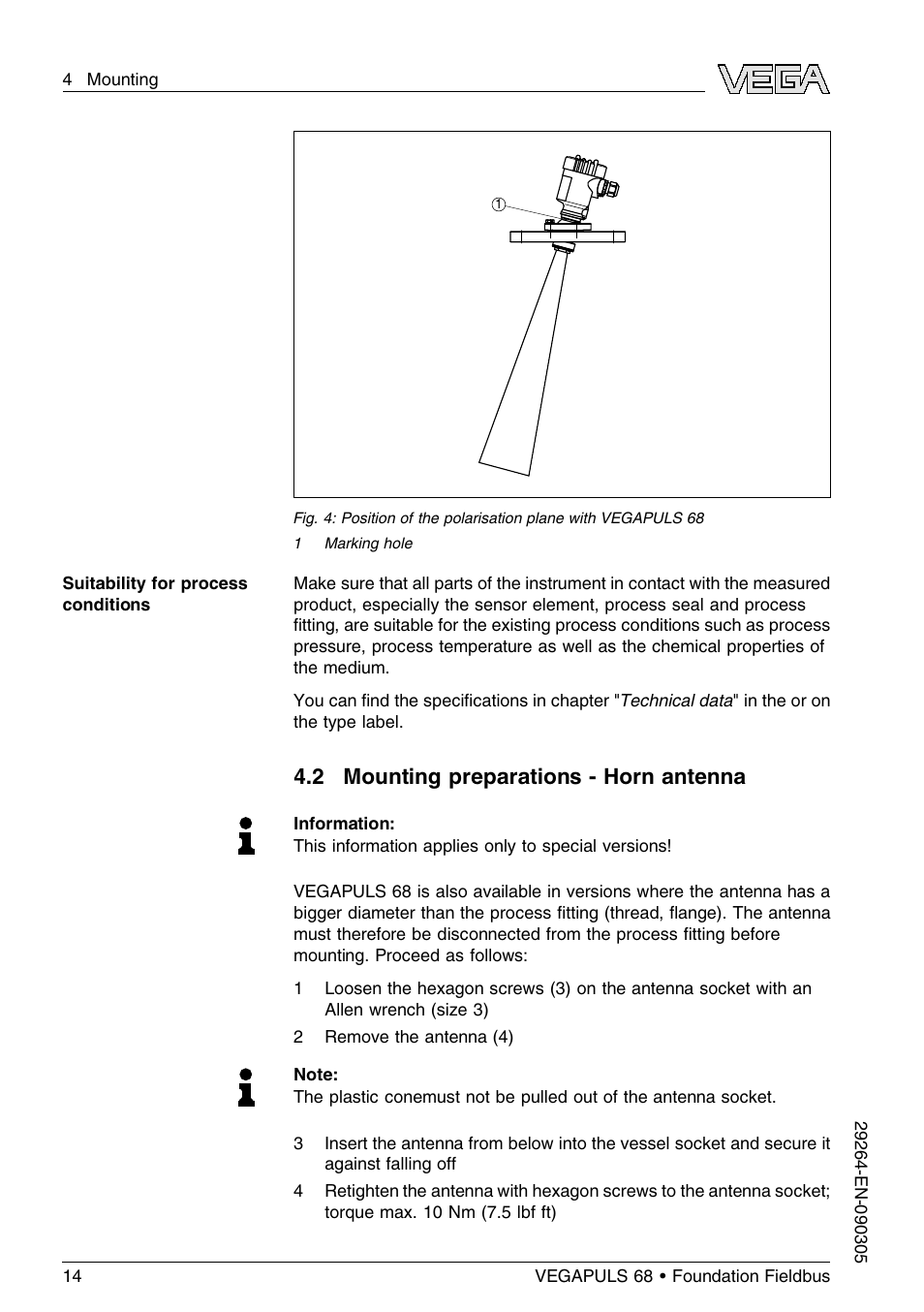 2 mounting preparations – horn antenna, 2 mounting preparations - horn antenna | VEGA VEGAPULS 68 (≥ 2.0.0 - ≤ 3.8) Foundation Fieldbus User Manual | Page 14 / 84