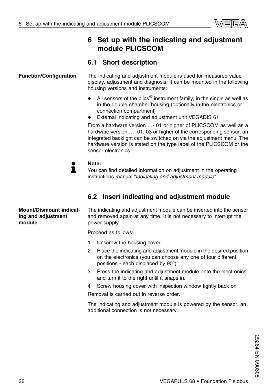 1 short description, 2 insert indicating and adjustment module | VEGA VEGAPULS 68 (≥ 2.0.0 - ≤ 3.8) Foundation Fieldbus User Manual | Page 36 / 84