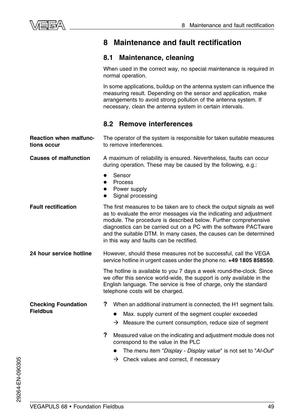 8 maintenance and fault rectification, 1 maintenance, cleaning, 2 remove interferences | 8 maintenance and fault rectiﬁcation | VEGA VEGAPULS 68 (≥ 2.0.0 - ≤ 3.8) Foundation Fieldbus User Manual | Page 49 / 84