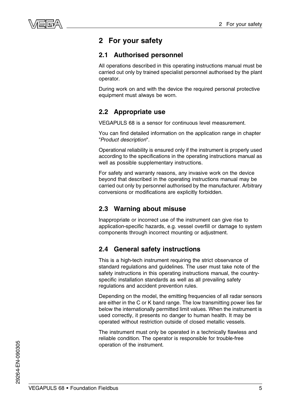 2 for your safety, 1 authorised personnel, 2 appropriate use | 3 warning about misuse, 4 general safety instructions | VEGA VEGAPULS 68 (≥ 2.0.0 - ≤ 3.8) Foundation Fieldbus User Manual | Page 5 / 84
