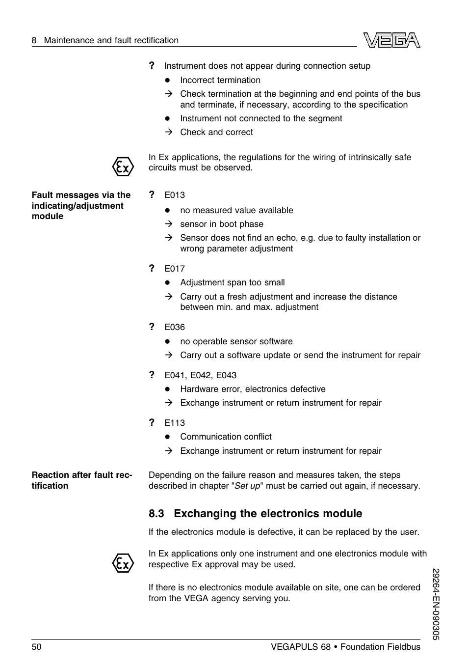 3 exchanging the electronics module | VEGA VEGAPULS 68 (≥ 2.0.0 - ≤ 3.8) Foundation Fieldbus User Manual | Page 50 / 84