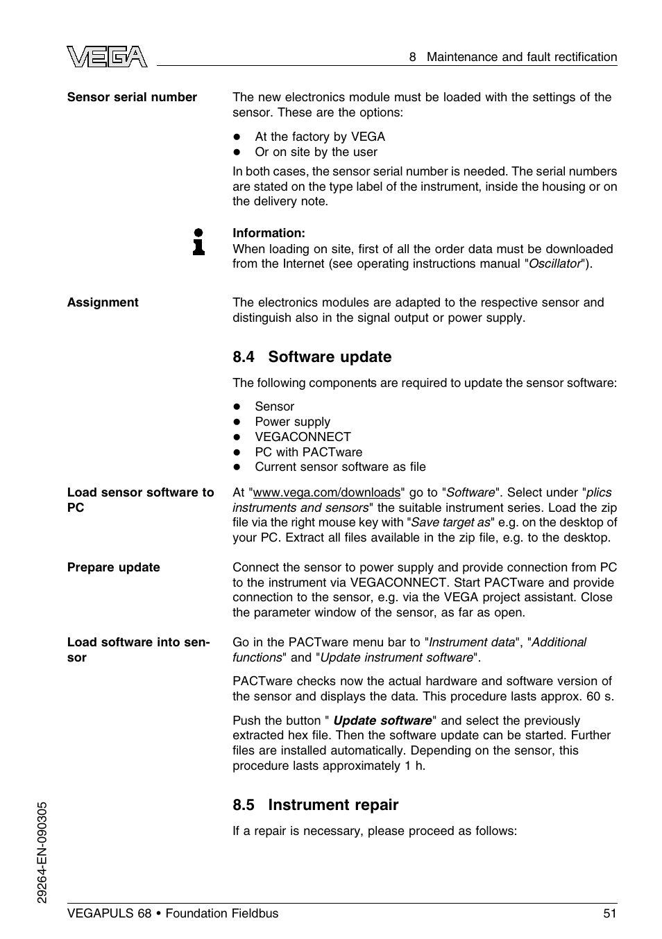 4 software update, 5 instrument repair | VEGA VEGAPULS 68 (≥ 2.0.0 - ≤ 3.8) Foundation Fieldbus User Manual | Page 51 / 84