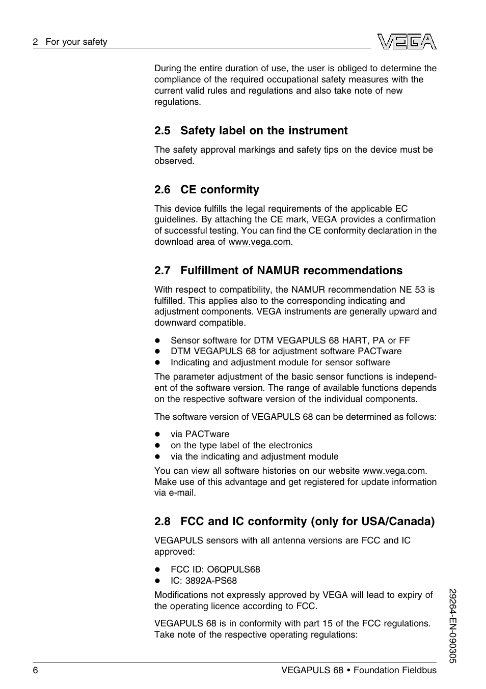 5 safety label on the instrument, 6 ce conformity, 7 fulfillment of namur recommendations | 8 fcc and ic conformity (only for usa/canada), 7 fulﬁllment of namur recommendations | VEGA VEGAPULS 68 (≥ 2.0.0 - ≤ 3.8) Foundation Fieldbus User Manual | Page 6 / 84