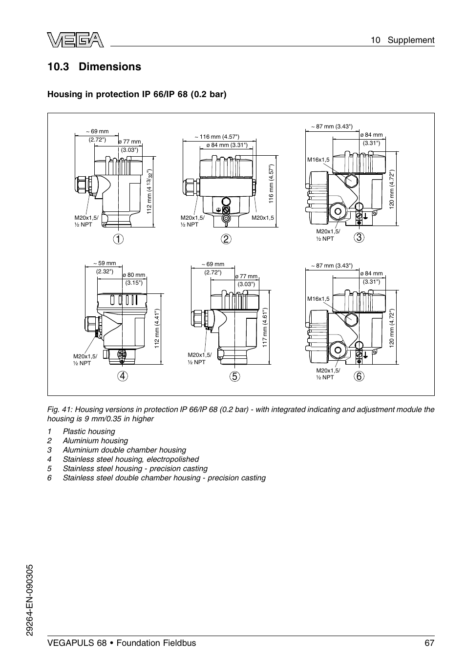 3 dimensions | VEGA VEGAPULS 68 (≥ 2.0.0 - ≤ 3.8) Foundation Fieldbus User Manual | Page 67 / 84