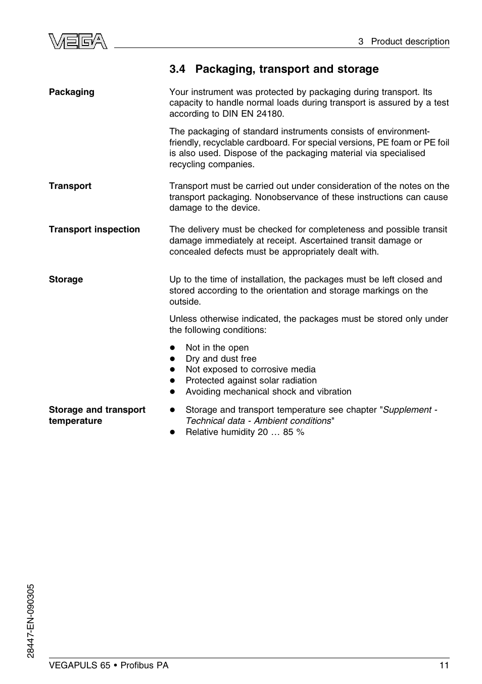 4 packaging, transport and storage | VEGA VEGAPULS 65 (≥ 2.0.0 - ≤ 3.8) Proﬁbus PA User Manual | Page 11 / 64