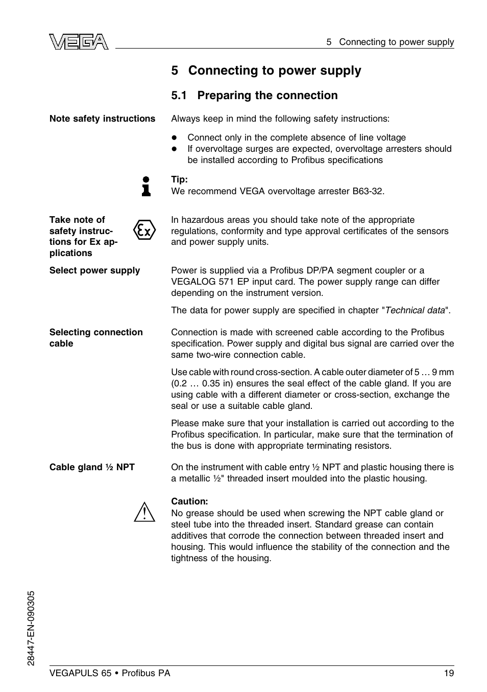 5 connecting to power supply, 1 preparing the connection | VEGA VEGAPULS 65 (≥ 2.0.0 - ≤ 3.8) Proﬁbus PA User Manual | Page 19 / 64