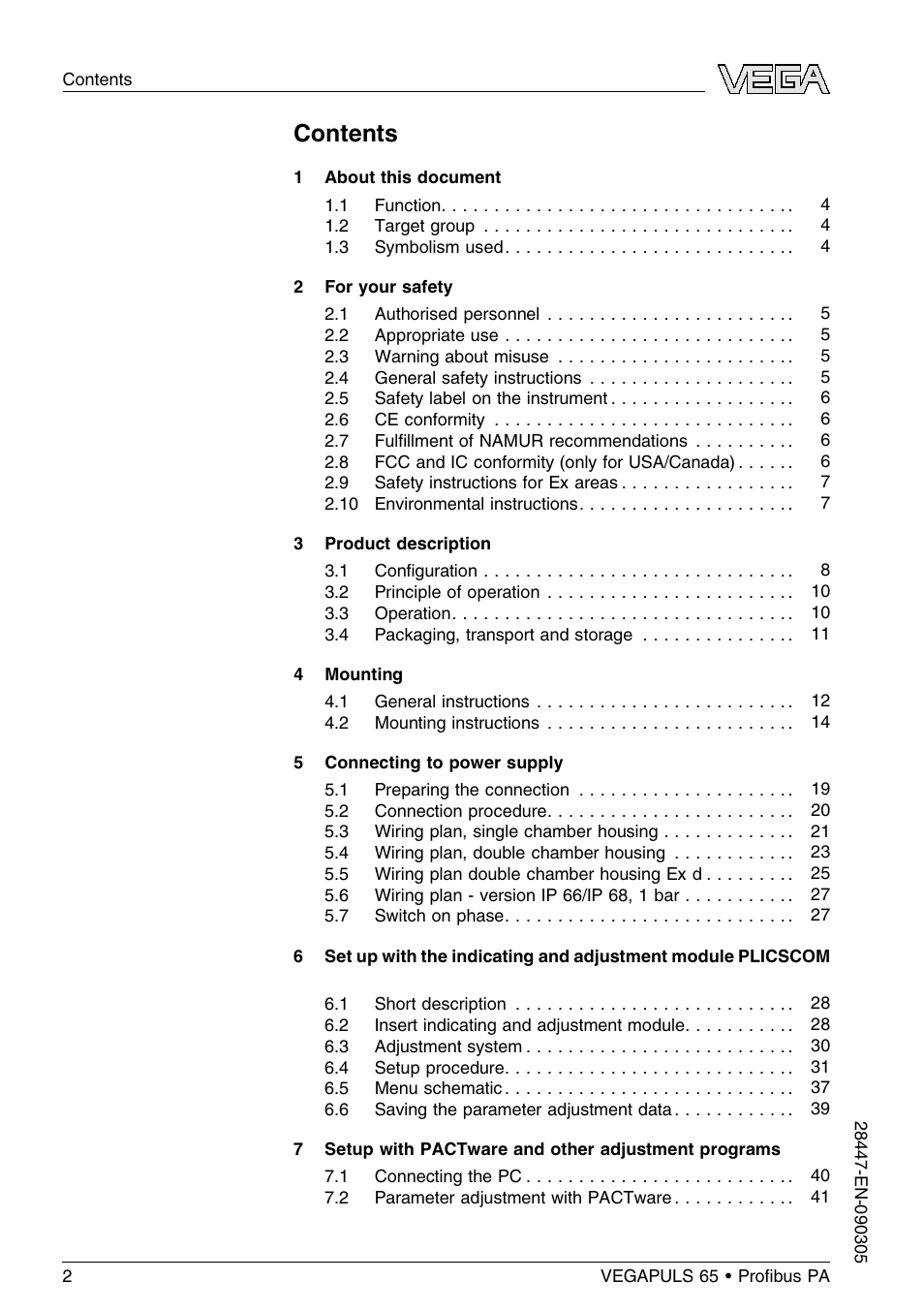 VEGA VEGAPULS 65 (≥ 2.0.0 - ≤ 3.8) Proﬁbus PA User Manual | Page 2 / 64