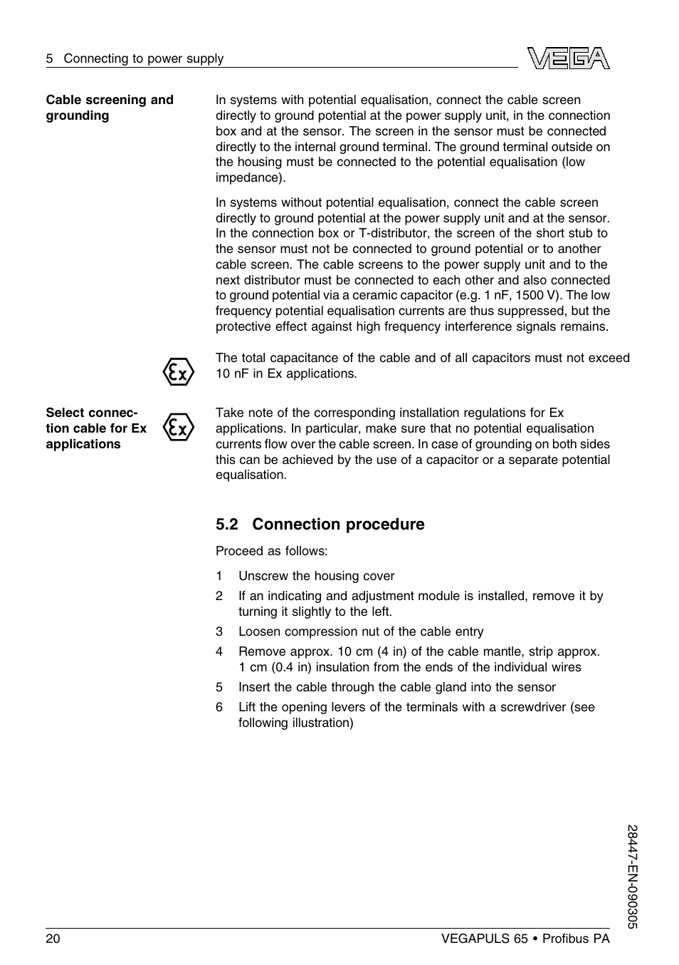 2 connection procedure | VEGA VEGAPULS 65 (≥ 2.0.0 - ≤ 3.8) Proﬁbus PA User Manual | Page 20 / 64