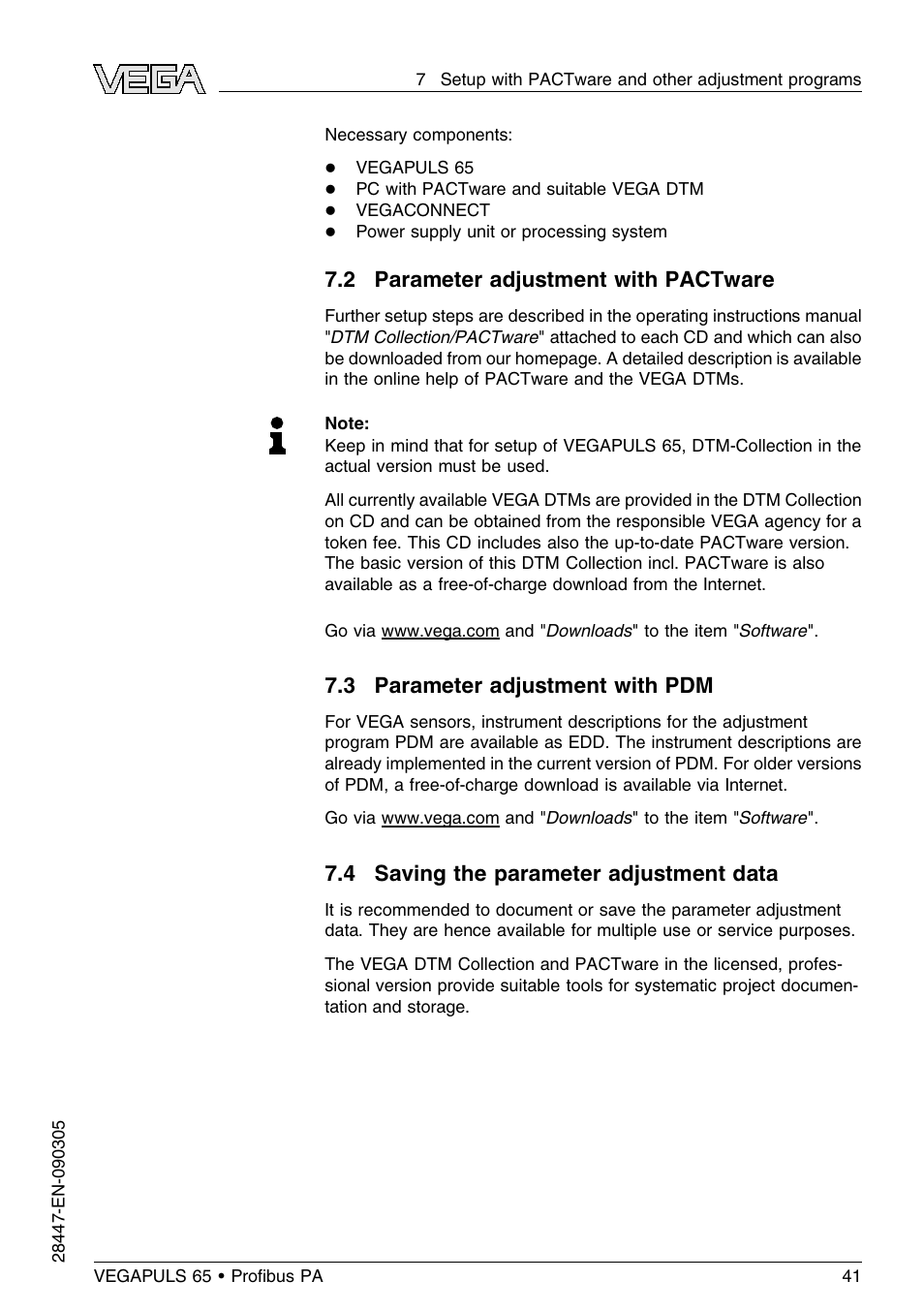 2 parameter adjustment with pactware, 3 parameter adjustment with pdm, 4 saving the parameter adjustment data | VEGA VEGAPULS 65 (≥ 2.0.0 - ≤ 3.8) Proﬁbus PA User Manual | Page 41 / 64