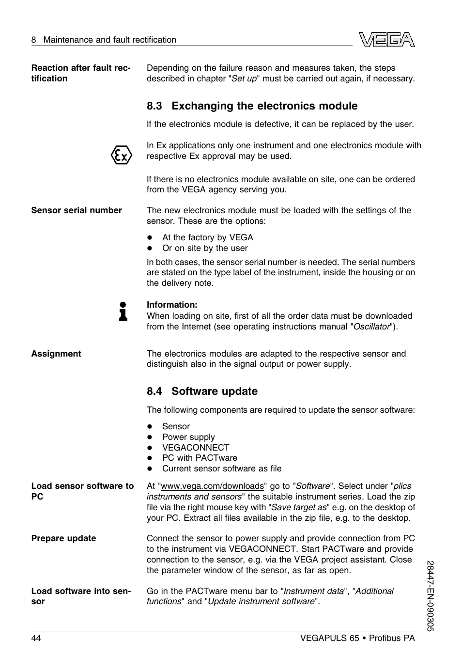 3 exchanging the electronics module, 4 software update | VEGA VEGAPULS 65 (≥ 2.0.0 - ≤ 3.8) Proﬁbus PA User Manual | Page 44 / 64