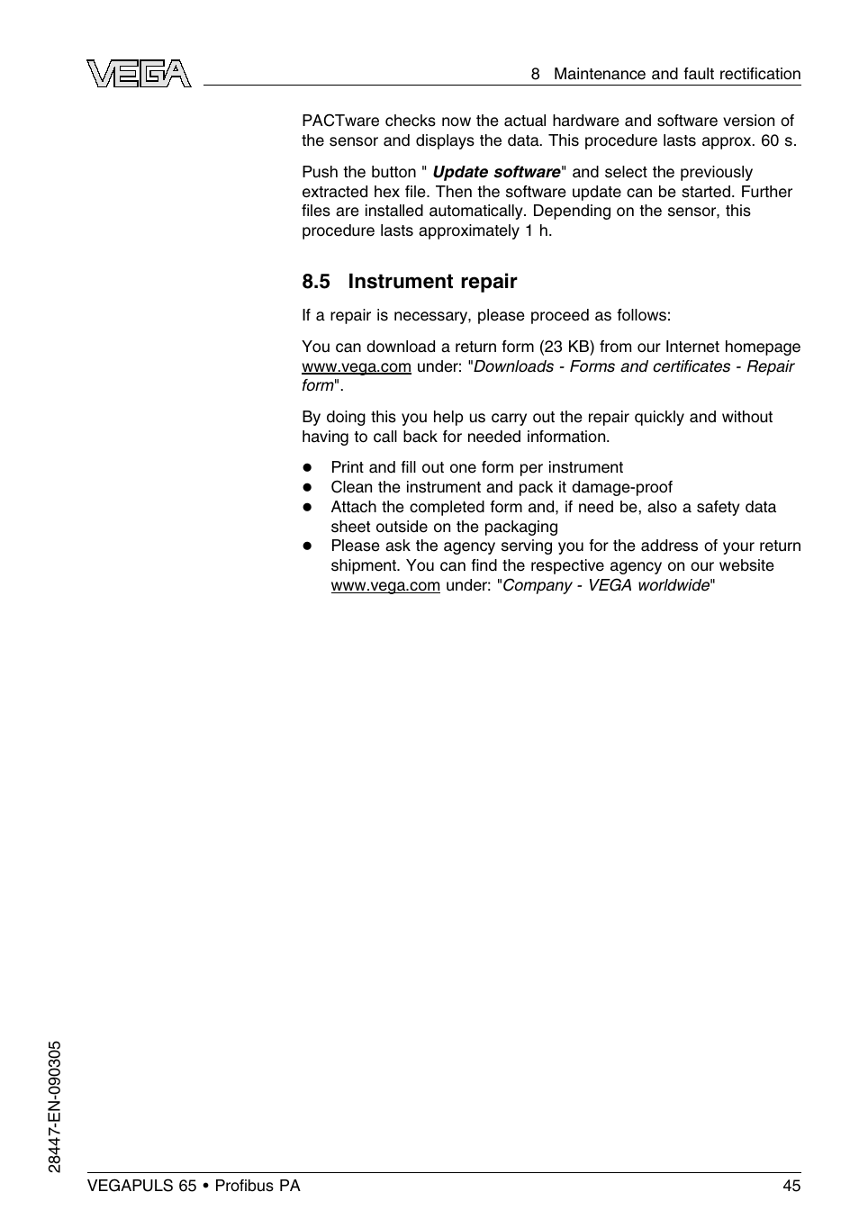 5 instrument repair | VEGA VEGAPULS 65 (≥ 2.0.0 - ≤ 3.8) Proﬁbus PA User Manual | Page 45 / 64