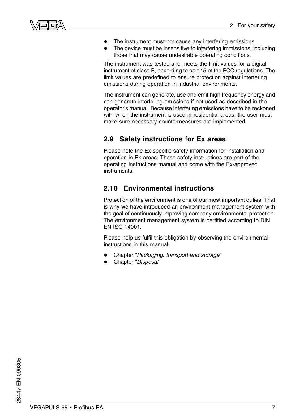 9 safety instructions for ex areas, 10 environmental instructions | VEGA VEGAPULS 65 (≥ 2.0.0 - ≤ 3.8) Proﬁbus PA User Manual | Page 7 / 64